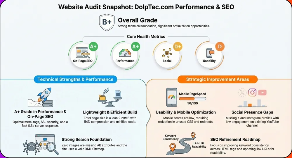 DolpTec website audit snapshot with an overall B+ grade and improvement roadmap