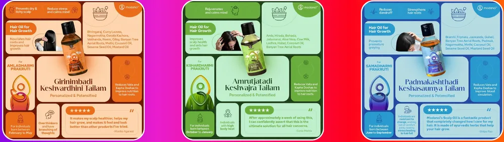 Modanci Ayurvedic hair oil product posts designed by Socialcave