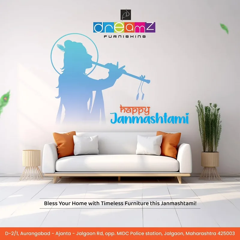 Dreamz Furnishing Janmashtami Instagram post with a sofa and Krishna silhouette