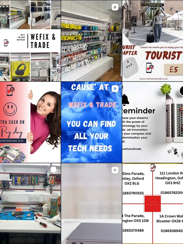 WeFix and Trade Instagram grid before Socialcave: scattered white stock-style posts with mixed fonts